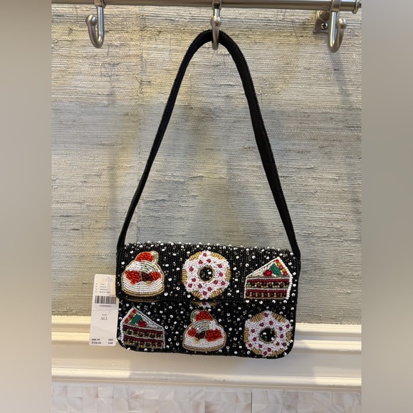 NWT new Anthropologie Fiona beaded shoulder bag holiday desserts black winter - Picture 3 of 17